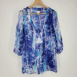 Soft Surroundings silk tides tunic blouse top blue sheer longsleeve medium women
